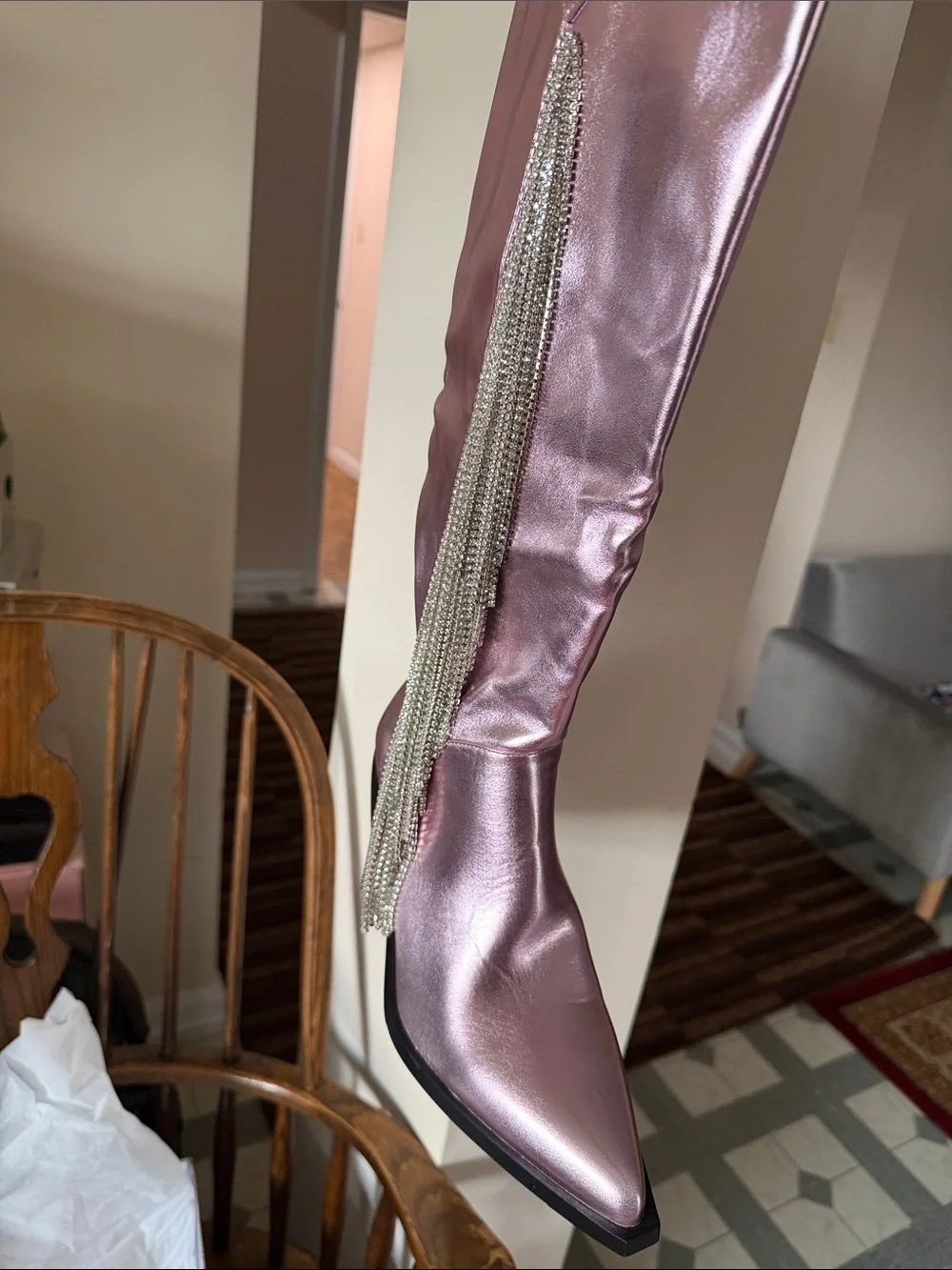 Metallic Pink Tassel-Trim Wedge Boots